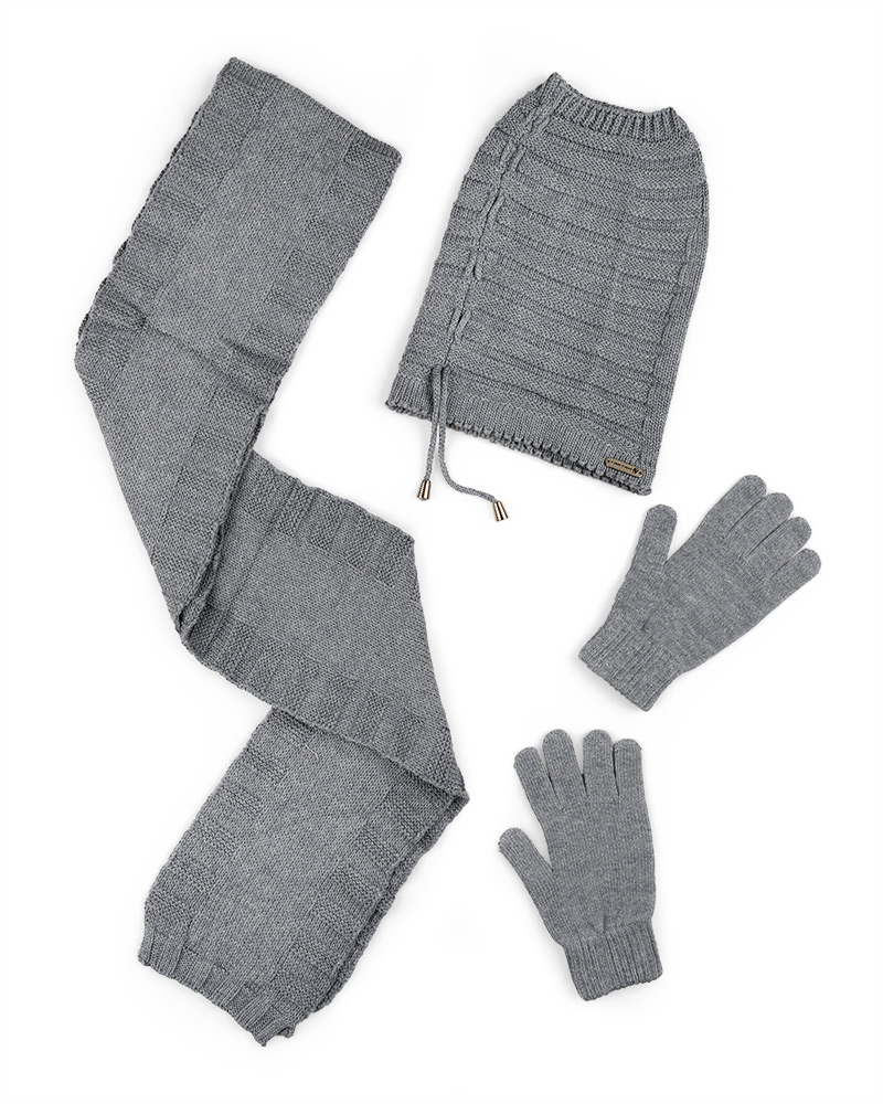 ست سه تکه شال و کلاه و دستکش 15117 - خاکستری